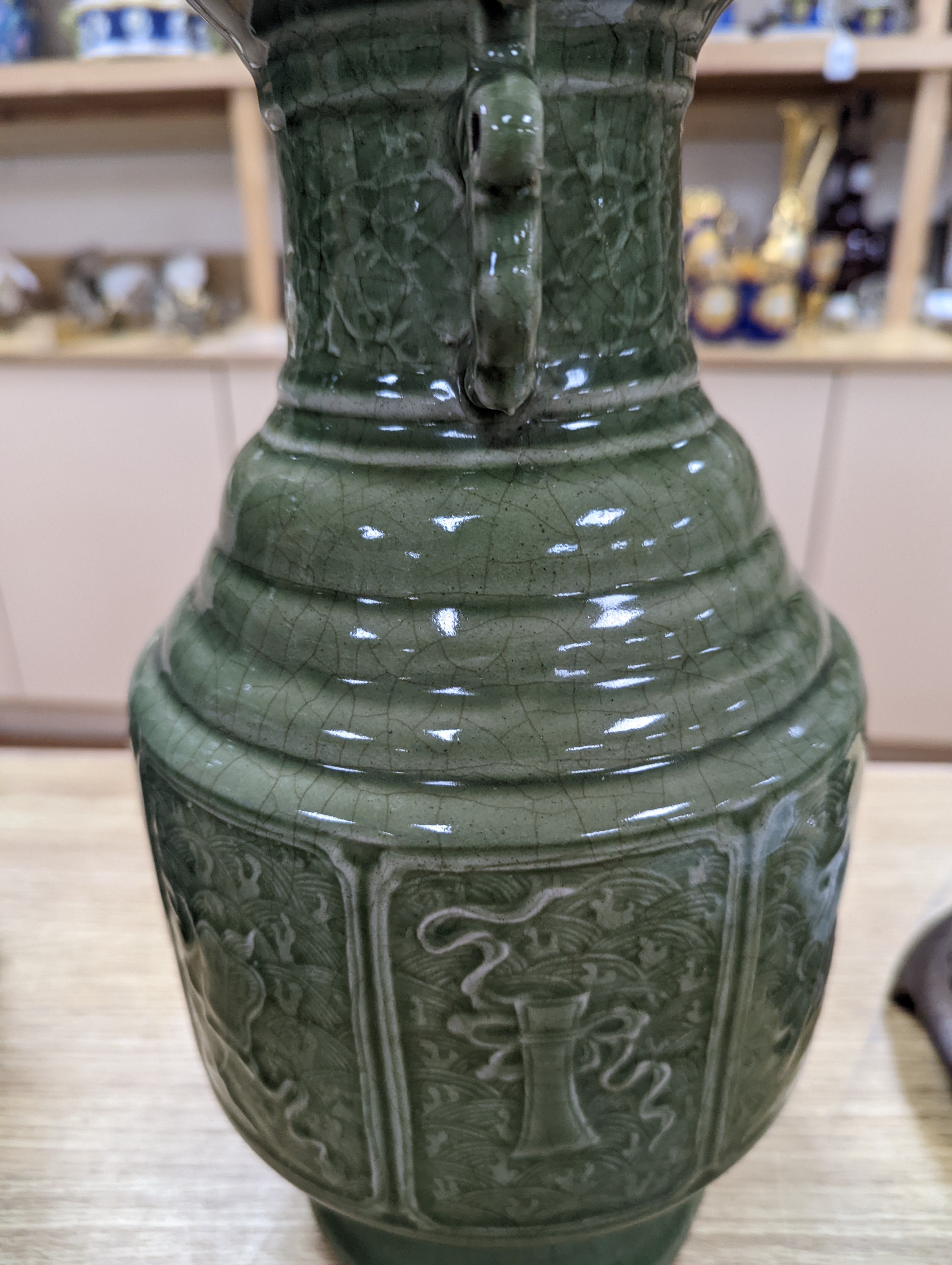 A pair of Chinese celadon glazed vases 35cm